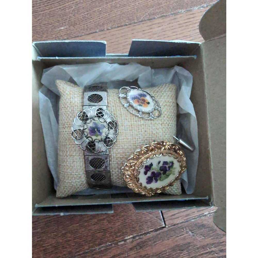 Vintage Petit Point Brooch Pins and Bracelet Handmade By Floral Porcelain Artist